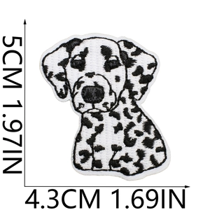 Detailed view of spotted dog embroidery patch with 5cm x 4.3cm size measurements