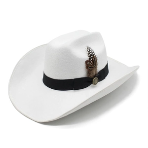 Classic white wool felt western cowboy hat with black ribbon and natural feather accent