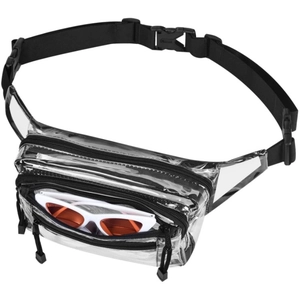 Clear multi-pocket PVC waist bag with black zippers and adjustable strap for work and travel