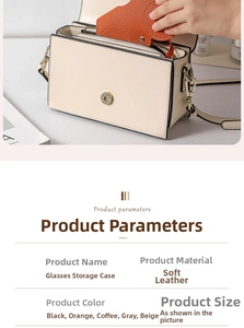 Detail view of a beige soft leather glasses case with snap closure for secure storage