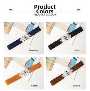 Detail view of elastic waist belts featuring floral metal buckles in four classic colors