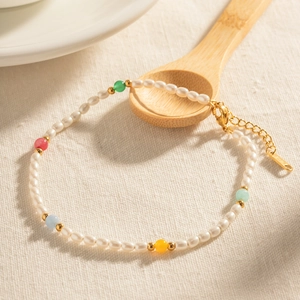 18K gold plated stainless steel anklet with white pearls and colorful natural stones