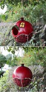 Detailed views of pomegranate-shaped hanging birdhouse for garden outdoor decoration