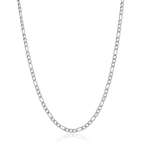 Close-up of silver-tone 304 stainless steel Figaro chain necklace with glossy finish