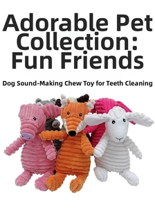 Detail of five corduroy plush squeaky dog toys for dental cleaning and chewing