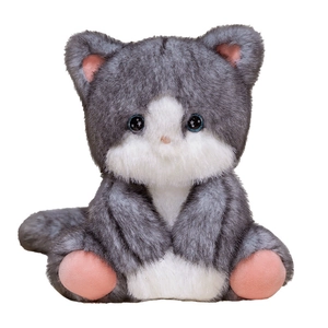 Cute grey and white plush cat doll with blue starry eyes and soft fluffy texture