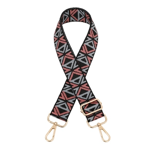 Ethnic wide adjustable bag strap with pink and grey geometric patterns and gold clips