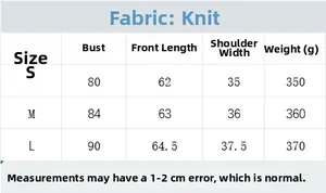 Tableau des tailles détaillé pour le gilet en tricot à boutons dorés en S, M et L