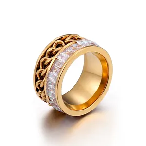 Stainless Steel Ring With Baguette Zircon And Curb Chain Design Wide Band Fashion Jewelry For Women Men