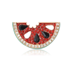 Sparkling crystal watermelon slice brooch with gold metal and red rhinestones