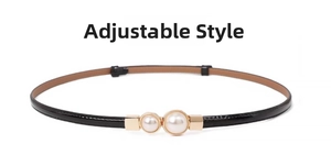 Adjustable style detail of slim black belt with double pearl and gold buckle