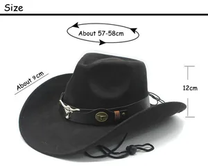 Detailed size chart for black western cowboy hat with 9cm brim and 57-58cm circumference