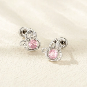 Gourd-shaped titanium steel stud earrings with pink gemstone and silver finish