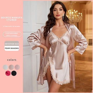 Nuisette Satin Et Peignoir Vêtements Détente Imitation Satin Dentelle Col V Sexy Lingerie Femmes Élégant Casual Maison