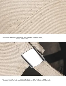 Details der feinen Nähte und verstellbare Metallschnalle an der beigen Baumwoll-Dockermütze