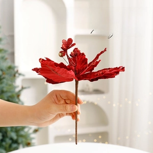 20cm Red velvet Christmas flower decoration with glitter petals for holiday tree decor