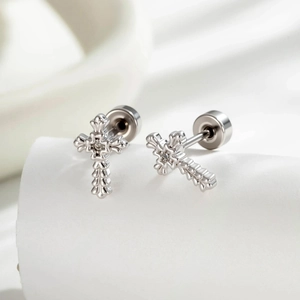 Gothic Punk Cross Ear Bone Stud Titanium Steel Copper Zircon Piercing Cartilage Earring Screw Back Cool Style Jewelry