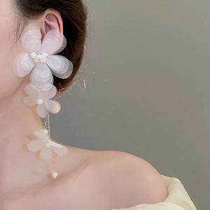Detailed view of white chiffon flower earrings with mesh petals and elegant pearl tassels