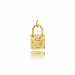 Pendentif Serrure Vierge Marie Cuivre Zircon Rose Gaufrée Religieux DIY Bijoux Plaqué Or Vintage