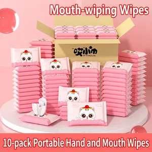 Portable 10-pack baby hand and mouth wipes with cute cat design in pink packaging