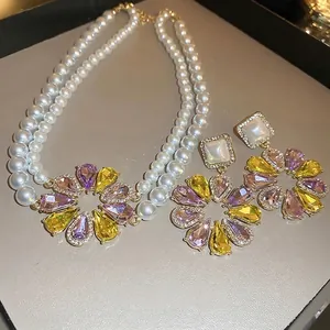 Blumen Wassertropfen Kristall Halskette Und Ohrringe Französisch Vintage Kunstperlen Schmuck Mit Silbernem Ohrstecker Elegant