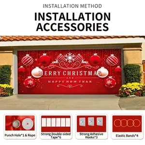 Festive red Christmas garage door banner with holiday graphics and full mounting kit
