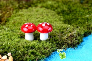 Dettaglio di due mini funghi rossi su muschio verde per decorazione di micro paesaggi
