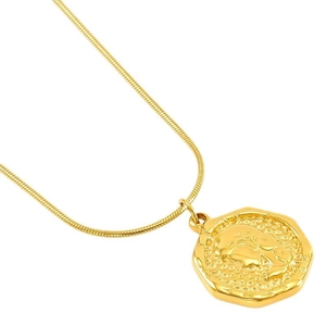 Minimalist gold snake chain necklace with an octagonal vintage coin portrait pendant