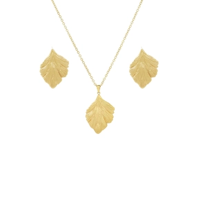 Golden irregular leaf necklace and stud earrings set with detailed vein textures
