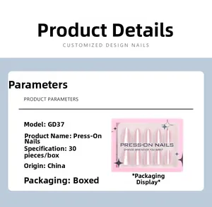 Detail view of pink cat-eye almond press-on nails in branded window gift box packaging
