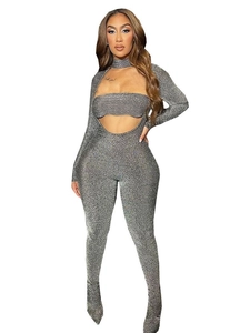 Silver high-neck long-sleeve bodysuit with glitter fabric and hollow-out chest design
