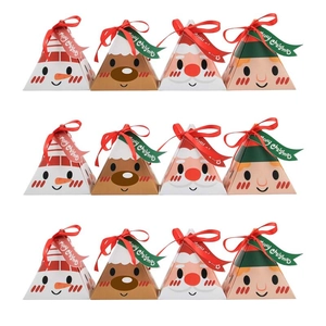 Christmas Candy Boxes Triangular Pyramid Paper Gift Packaging With Ribbon Tags Cartoon Santa Reindeer Elf Patterns Holiday Party Favors