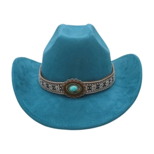 Western Cowboy Hat Faux Suede Retro Ethnic Embroidered Band Turquoise Stone Wide Brim Vintage Bohemian Fedora For Women Men