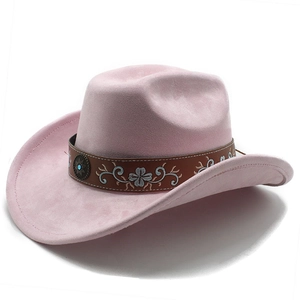 Close-up of pink suede cowboy hat with floral embroidered leather band and turquoise metal studs