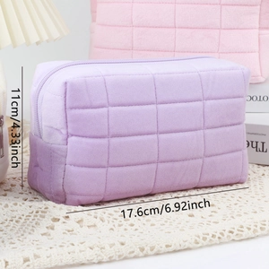 Purple quilted velvet cosmetic bag with checkered pattern and zipper closure 17.6cm