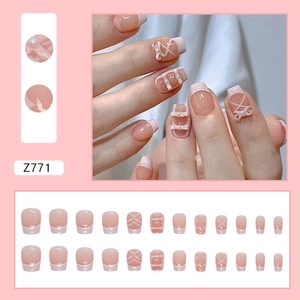 Pink ballet ribbon press-on nails with 3D bows and pearls, 24pcs full set display