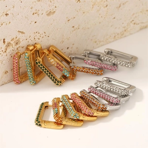 Elegant 18k gold and silver stainless steel rectangular pavé hoop earrings with colorful zircon
