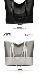 Detail of The Wing bag showing smooth nylon and textured leather in black and grey colors