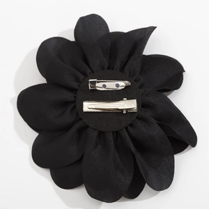 Dual-use black fabric rose flower brooch and hair clip with metal pin and duckbill grip