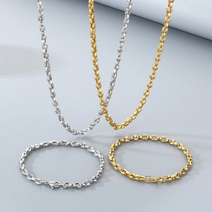 Polished stainless steel coffee bean chain necklace and bracelet set in gold and silver