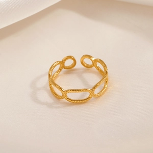 Stainless Steel Geometric Hollow Chain Ring Twist Texture Adjustable Open Design Trendy Chic Jewelry For Women