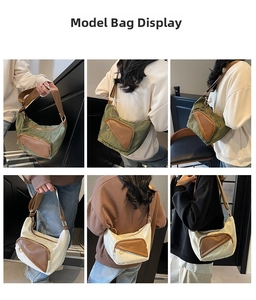 Detail view of stylish nylon crescent hobo bags in army green and beige with contrast pocket