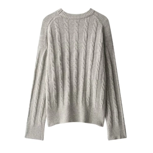 Classic light grey cable-knit crewneck sweater with a minimalist dropped shoulder design