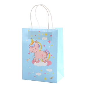 Cute light blue unicorn gift bag with pink illustration and colorful stars for kids