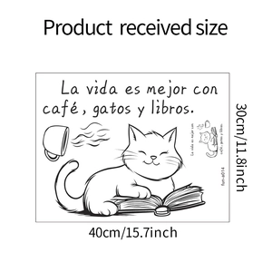 Detail view of cartoon cat reading wall sticker with coffee cup and Spanish text