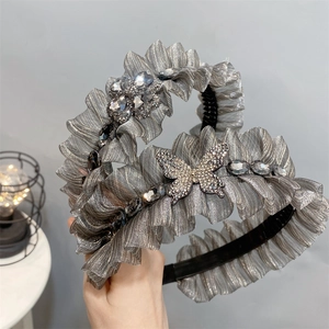Gray ruffled rhinestone headbands with crystal bow and flower details for women