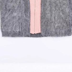 Gray mohair-style cardigan with pink ribbed trim and silver metal zipper detail