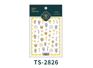 Macro detail of 3D embossed narcissus flower nail stickers with floral basket patterns