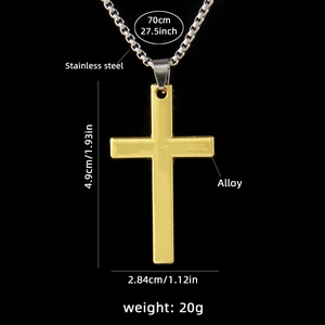 Gold cross pendant on long stainless steel chain necklace with detailed size specs