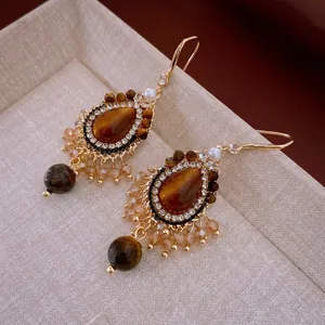 Boucles d'oreilles pendantes vintage oeil de tigre avec perles et zircons pour femme